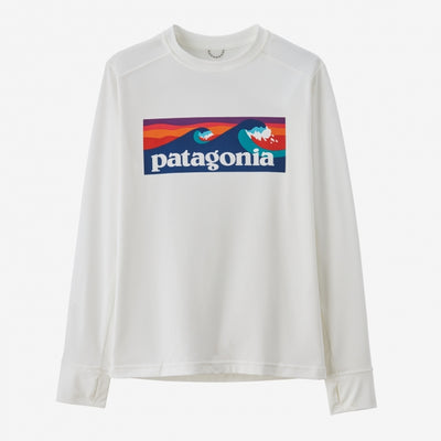 PATAGONIA Kids' Long-Sleeved Capilene Silkweight T-Shirt Boardshort Logo White BOLW