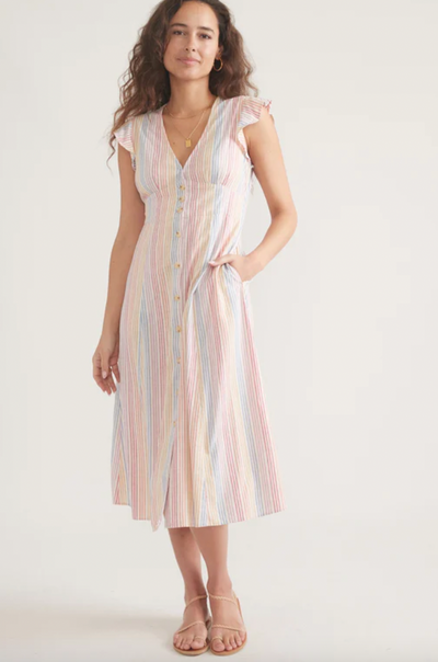 MARINE LAYER Women's Camila Midi Dress Warm Rainbow Stripe