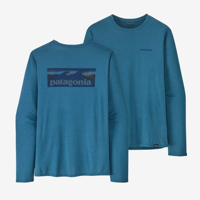 PATAGONIA Men's Long-Sleeved Capilene Cool Daily Graphic Shirt - Waters Boardshort Logo Wavy Blue X-Dye BLWX