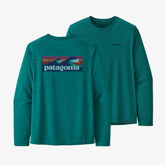 PATAGONIA Men's Long-Sleeved Capilene Cool Daily Graphic Shirt Boardshort Logo Borealis Green X-Dye BBGX