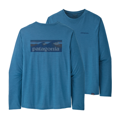 PATAGONIA Men's Long-Sleeved Capilene Cool Daily Graphic Shirt Boardshort Logo Wavy Blue X-Dye BLWX