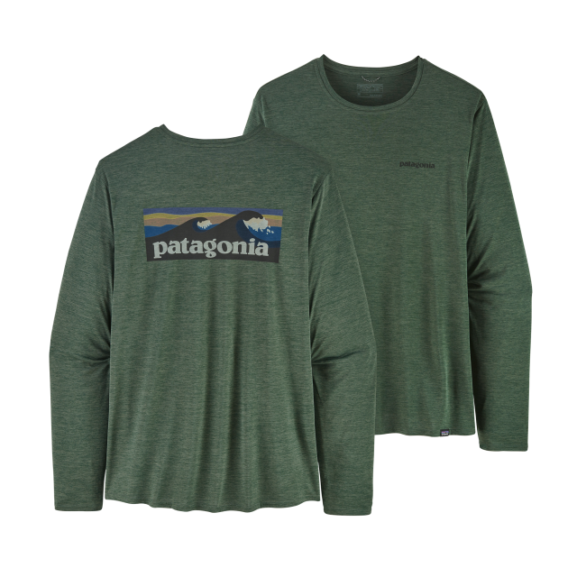PATAGONIA Men's Long-Sleeved Capilene Cool Daily Graphic Shirt Boardshort Logo Pinyon Green X-Dye BPIX