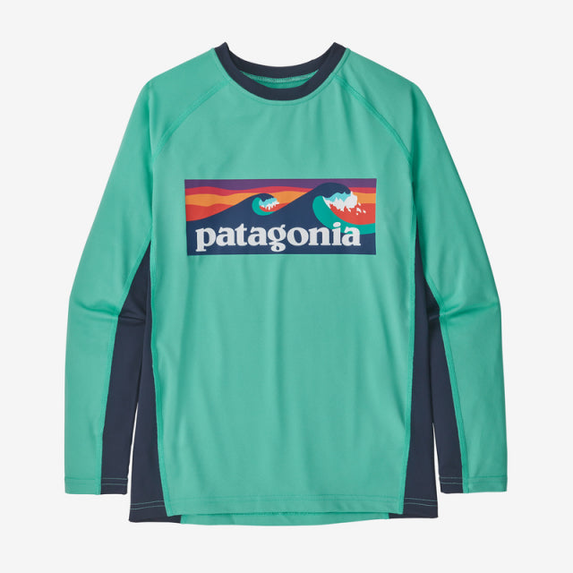 PATAGONIA Kids' LS Capilene SW Rashguard Boardshort Logo Fresh Teal BOTL