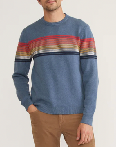 MARINE LAYER Men's Archive Thompson Stripe Sweater China Blue Rainbow Stripe