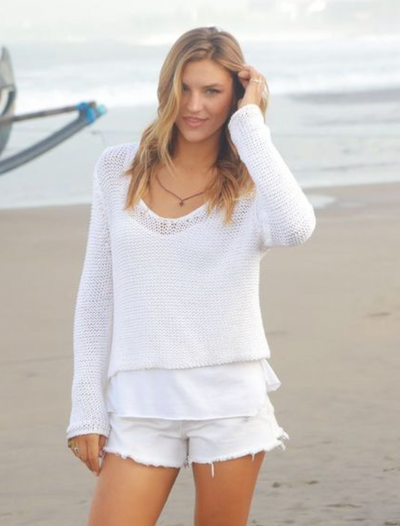 WOODEN SHIPS Women's Maui V Cotton Sweater Breaker White