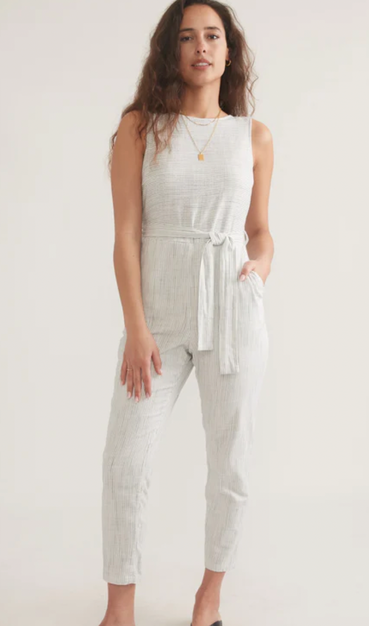 MARINE LAYER Women's Eloise Belted Jumpsuit White And Navy Stripe