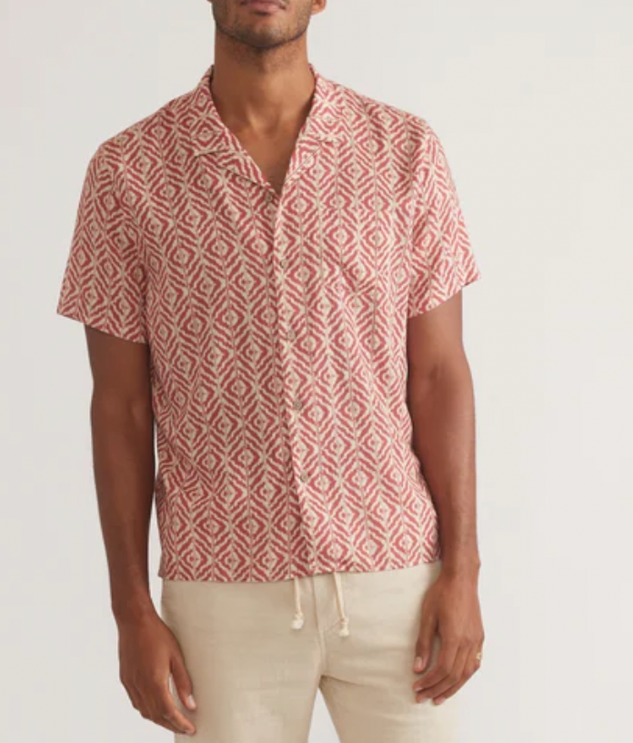 MARINE LAYER Men's SS Tencel Linen Resort Shirt Warm Geo Print