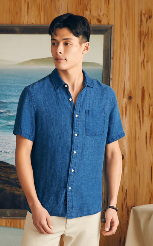 FAHERTY Men's SS Palma Linen Shirt Indigo Basketweave IGB