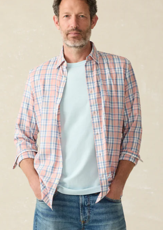 FAHERTY Men's The Movement Shirt Ocean Coral Plaid OCD