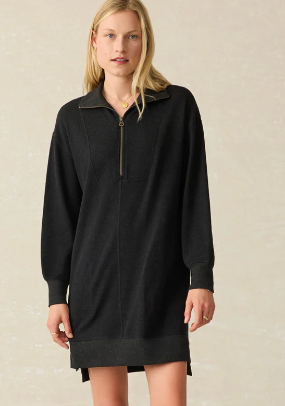 FAHERTY Women's Legend Quarter Zip Dress Heathered Black Twill HBT