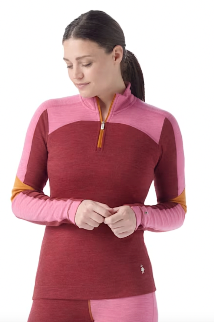 SMARTWOOL Women's Classic Thermal Merino Base Layer Colorblock 1/4 Zip Currant-Garden Pink N92