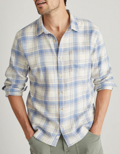 MARINE LAYER Men's Classic Stretch Selvage Shirt Indigo/Cream Plaid