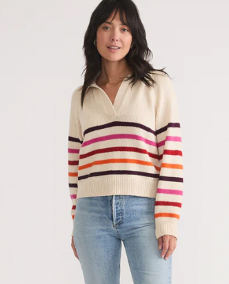 MARINE LAYER Women's Claire Relaxed Sweater Polo Warm Stripe