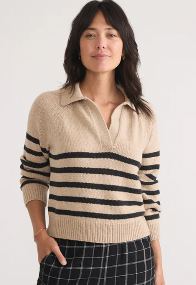 MARINE LAYER Women's Claire Relaxed Sweater Polo Neutral tripe / S