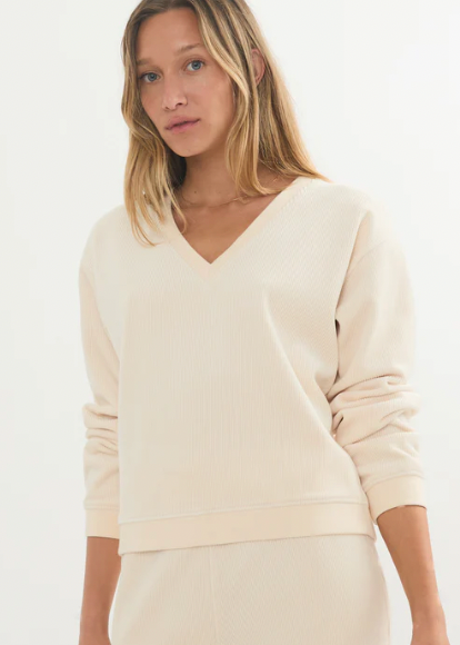 MARINE LAYER Women's Velour Corduroy V Neck Sweatshirt Cream