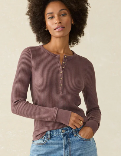 FAHERTY Women's Legend Apres Waffle Henley Huckleberry HKB