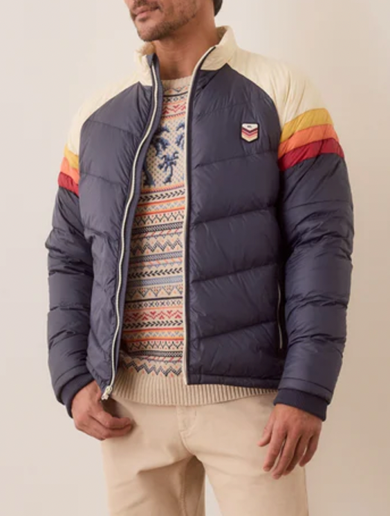 MARINE LAYER Men's Archive Boreal Puffer Jacket Navy Sunset Colorblock