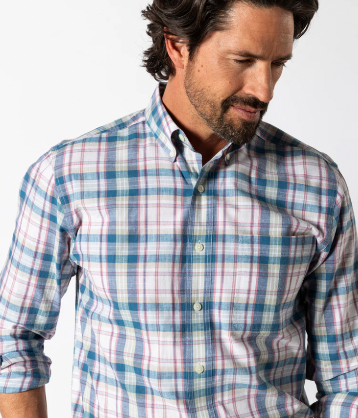 DUCK HEAD Mens LS Cotton Slub Sport Shirt - Owens Plaid Shadow Blue