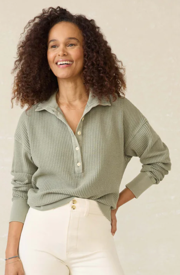 FAHERTY Womens Surf Waffle Henley Coastal Sage COS