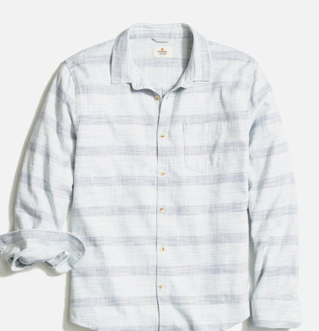 MARINE LAYER Mens LS Classic Stretch Selvage Shirt Blue Baja Stripe