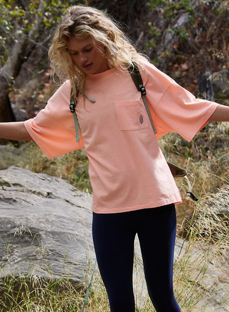 FREE PEOPLE Womens Logo Tackle Tee Pastel Peach Combo