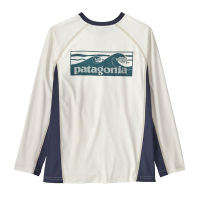 PATAGONIA Kids Long-Sleeved Capilene Silkweight Rashguard Boardshort Logo Tones White BTWI