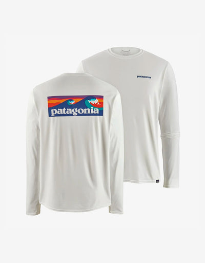 PATAGONIA Men's Long-Sleeved Capilene Cool Daily Graphic Shirt Boardshort Logo White BOLW