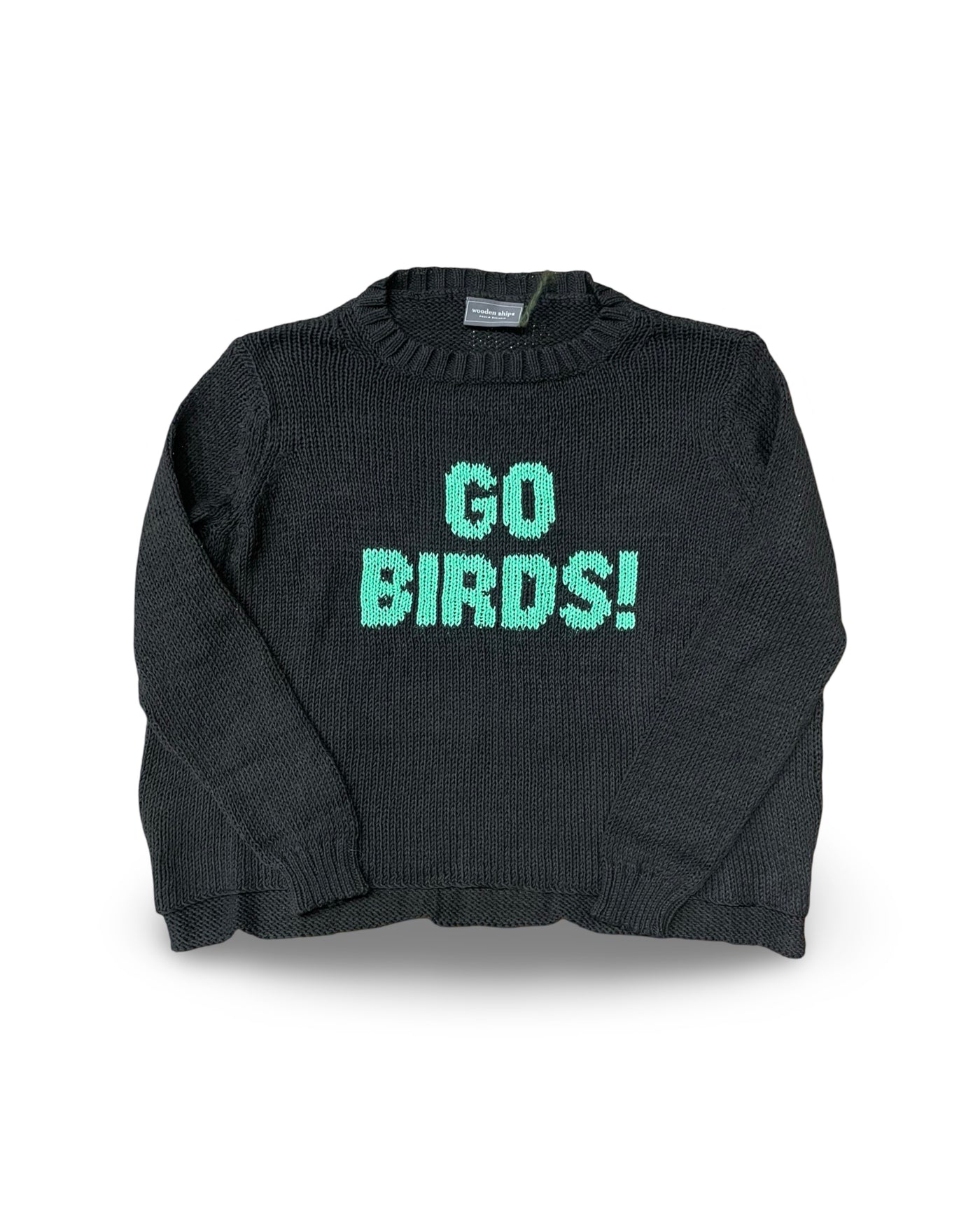 WOODEN SHIPS Women's Go Birds Crew Cotton Sweater Black/Verdigris