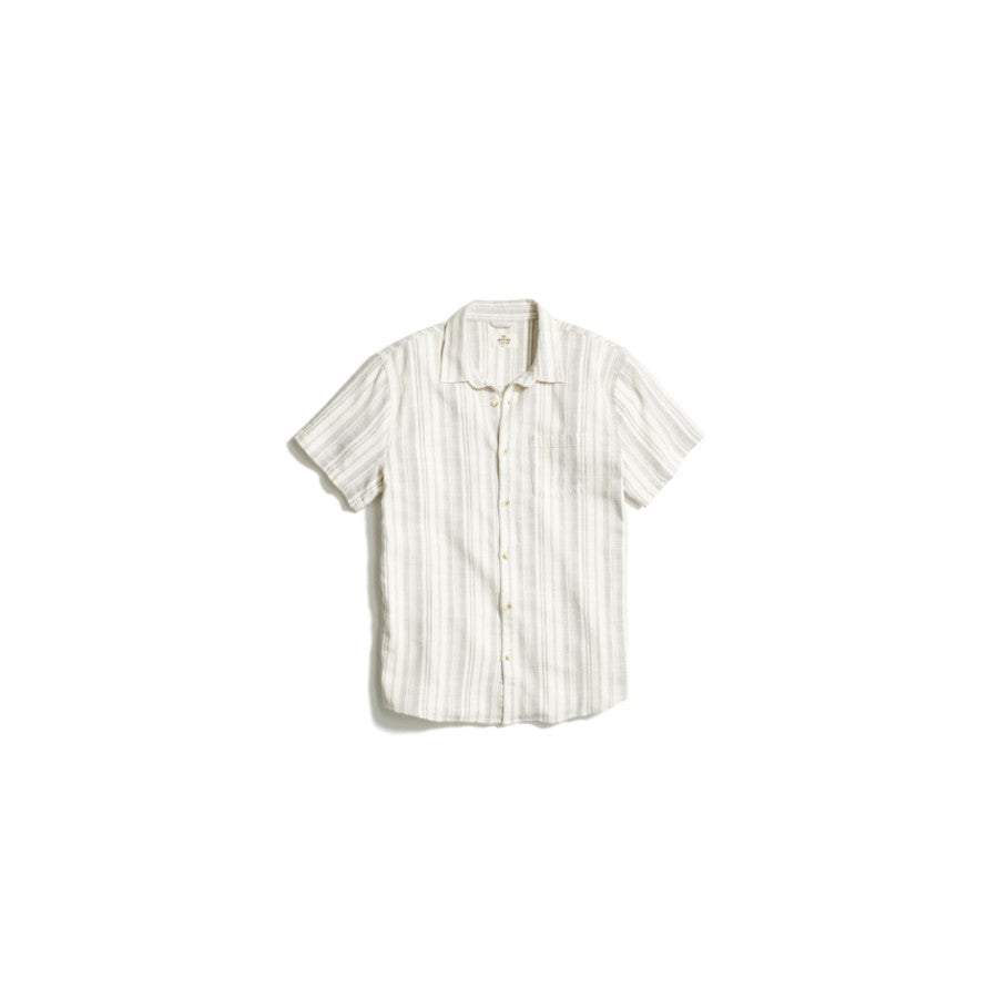 MARINE LAYER Mens Classic Stretch Selvage Shirt Cream/Olive Stripe