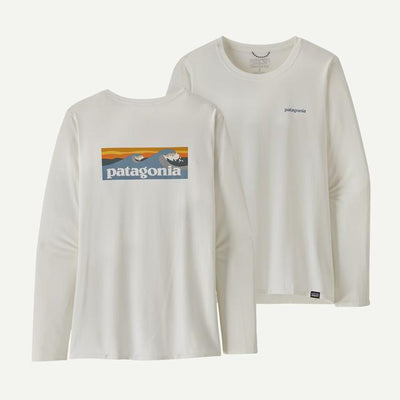 PATAGONIA Womens Long-Sleeved Capilene Cool Daily Graphic Shirt - Waters Boardshort Logo Light Plume Grey White BLWI