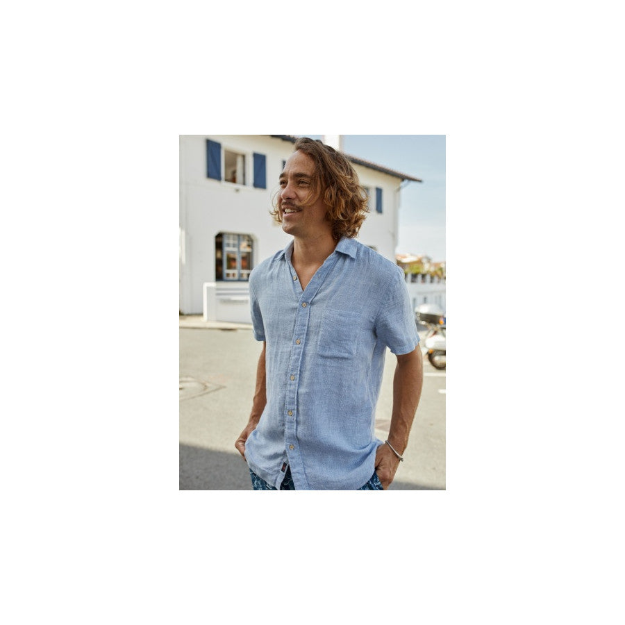 FAHERTY Mens SS Palma Linen Shirt Blue Basketweave BBV